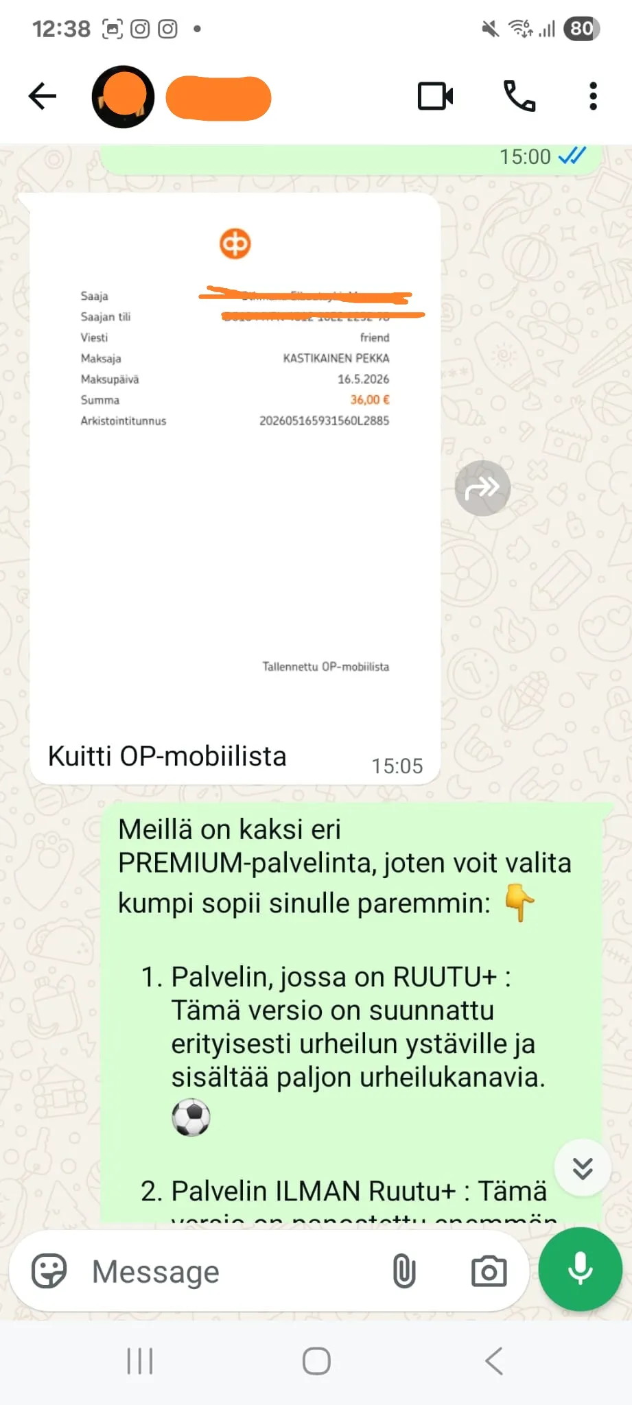 Example WhatsApp message about order payment confirmation
