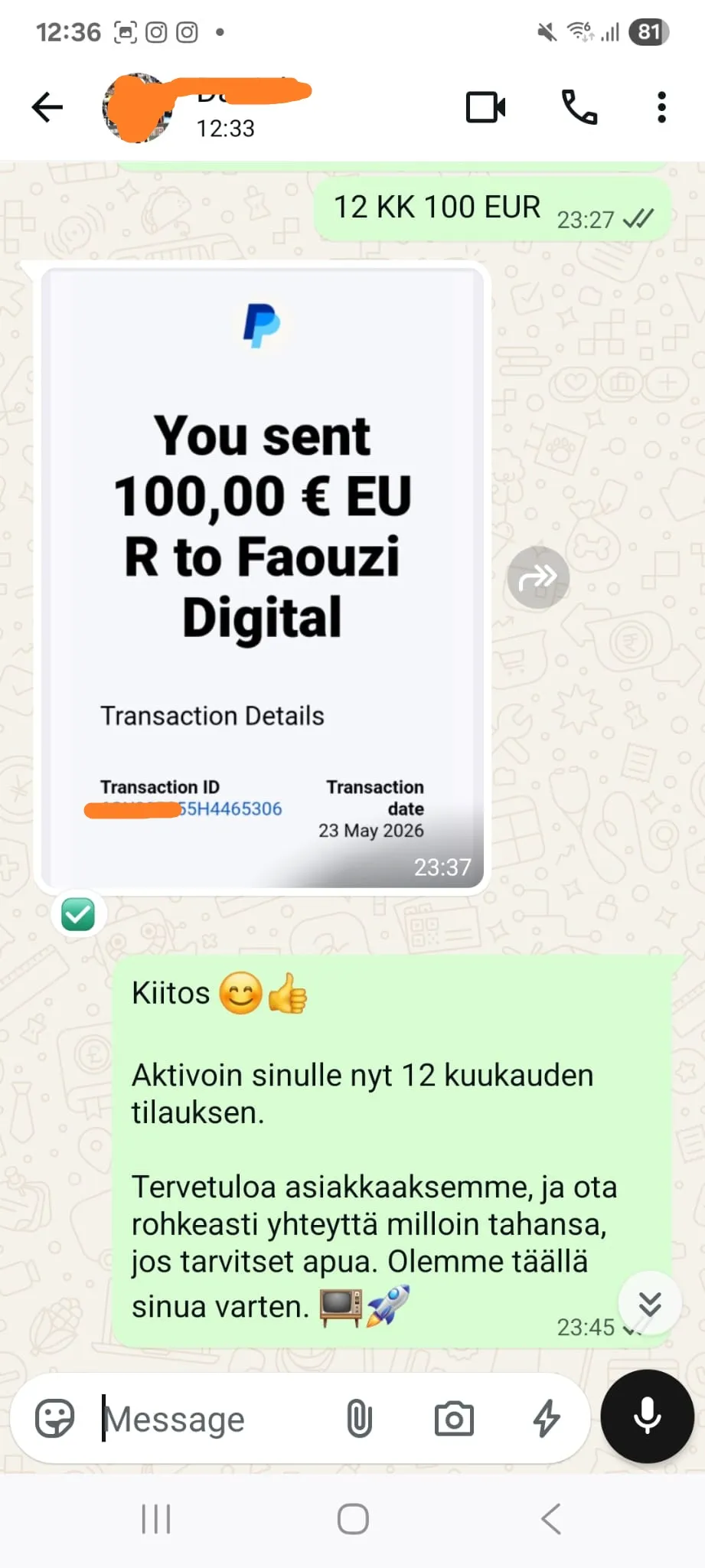 Example of an IPTV order confirmation message