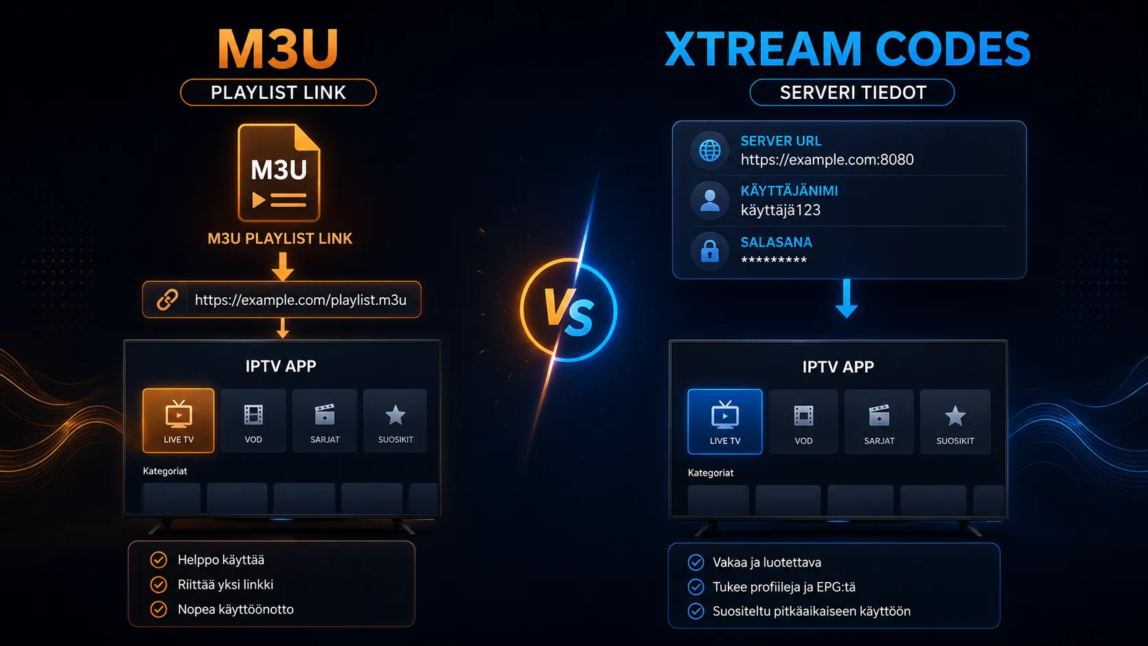 M3U-linkin ja Xtream Codes -kirjautumistietojen ero IPTV:ssä